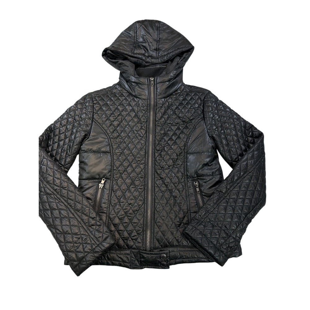 Pink Platinum Women's Black Quilted Hooded Puffer Jacket Zip Front Size S